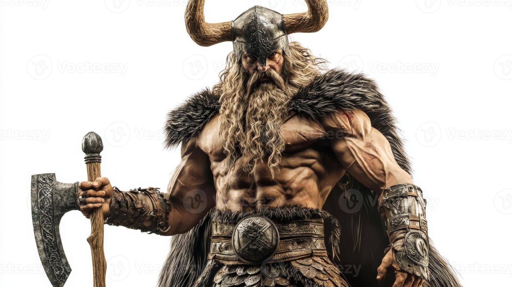 striking representation features Tyr the Norse god of war depicted with impressive muscularity adorned in traditional warrior attire ready for battle. photo