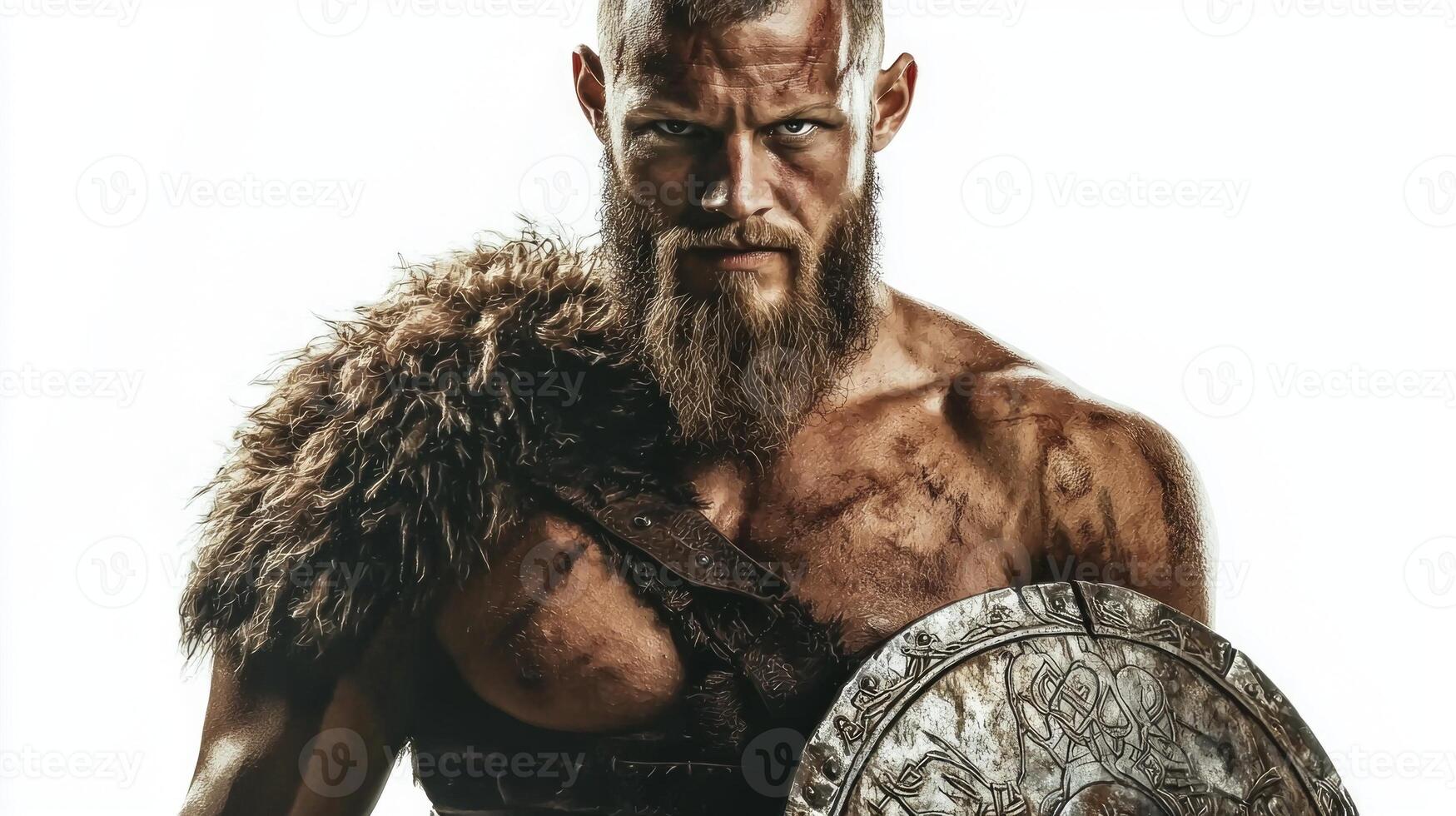 Tyr stands proudly embodying strength as the god of war holding a shield with a determined expression highlighting his warrior essence and Scandinavian heritage. photo