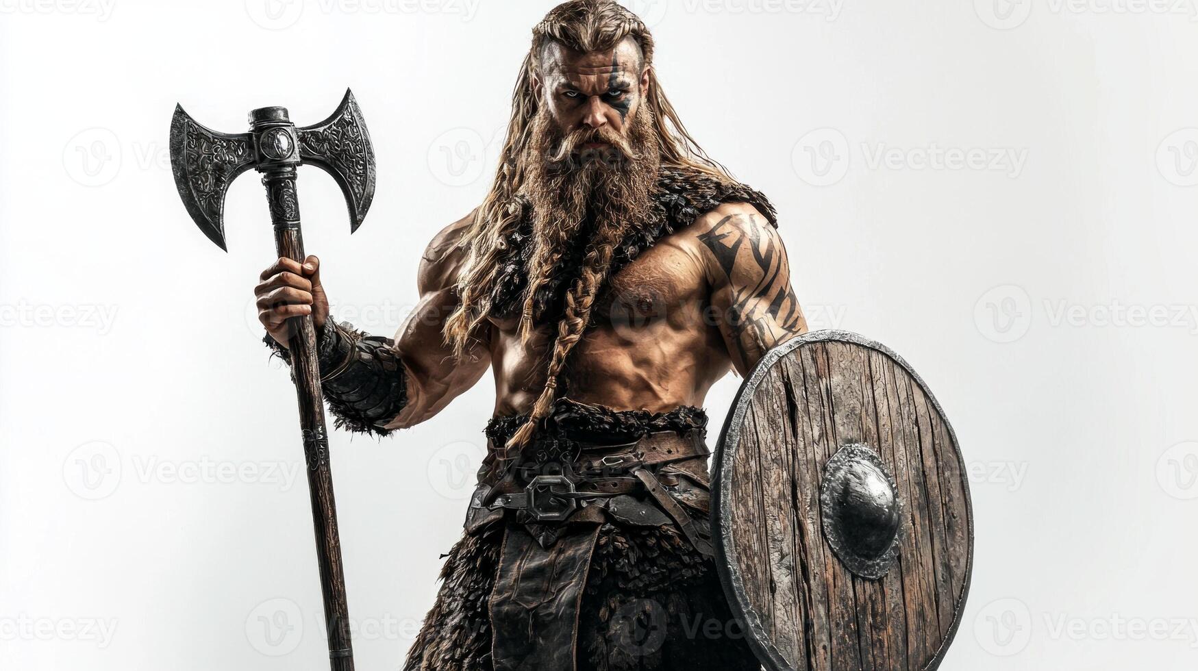 powerful figure embodies Tyr the god of war showcasing strength and bravery. He holds an axe and shield representing his warrior spirit in Scandinavian mythology. photo