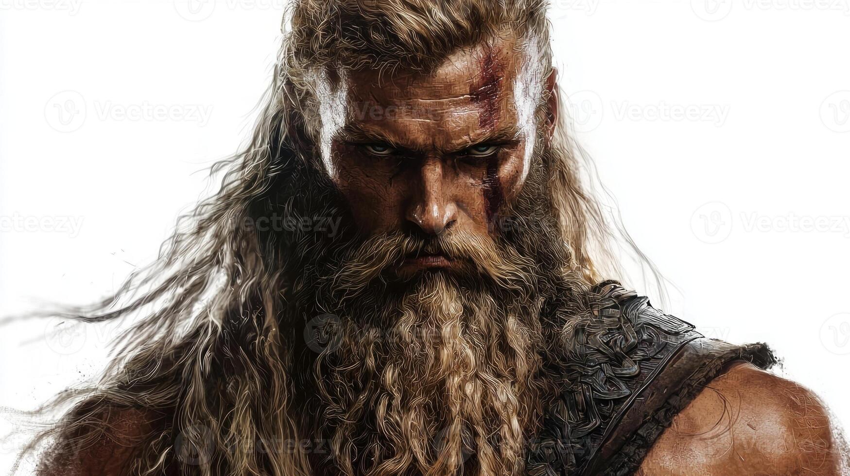 striking representation Tyr Scandinavian god of war features him with powerful stance intense gaze and distinctive long hair and beard embodying strength and resilience. photo