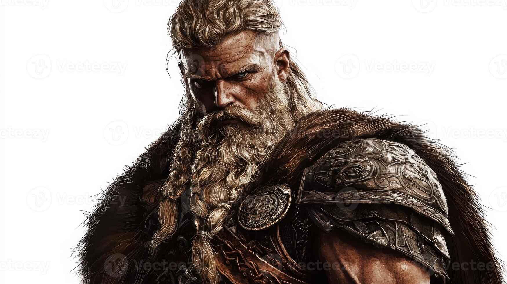 Tyr the Scandinavian god of war depicted with fierce expression and long braided hair wearing detailed armor and a fur cloak showcasing his powerful presence. photo