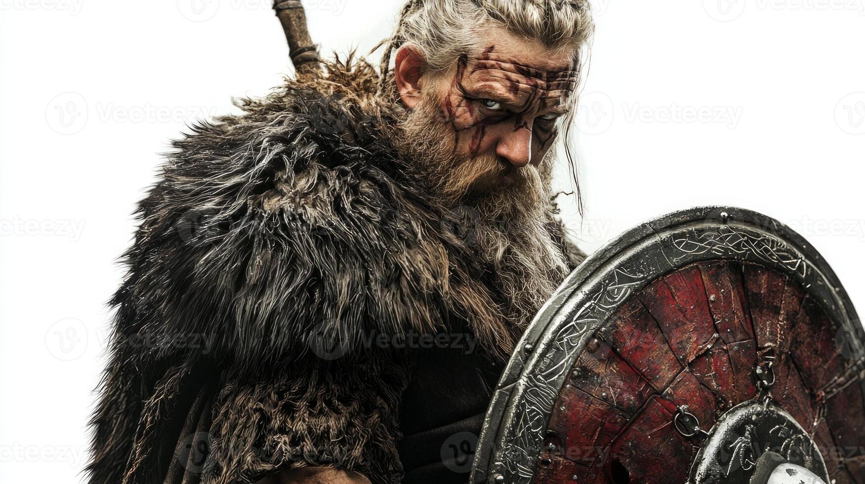 Tyr the Scandinavian god of war stands prominently sporting a fierce expression traditional armor and a shield. His detailed appearance highlights his warrior essence. photo