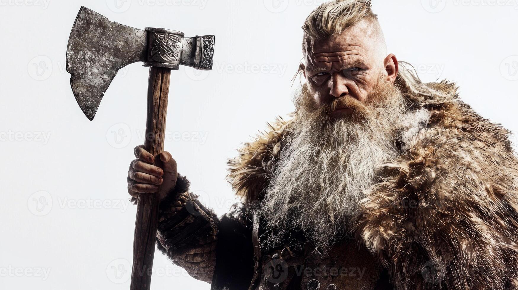 Tyr Scandinavian god of war is depicted with commanding presence featuring long hair a majestic beard and a large axe wearing traditional fur attire. photo