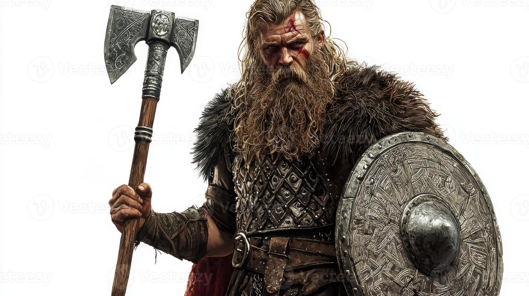 Tyr the Scandinavian god known for his courage and warfare grips a heavy axe and shield symbolizing his fierce dedication to battle and justice. photo