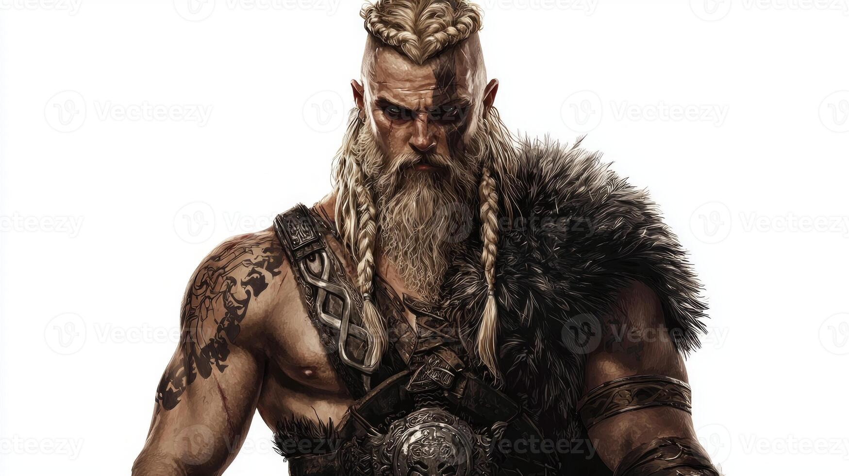 The Scandinavian god Tyr is presented in a powerful stance emphasizing his warrior spirit with a detailed outfit featuring fur and braids highlighting his fierce nature. photo