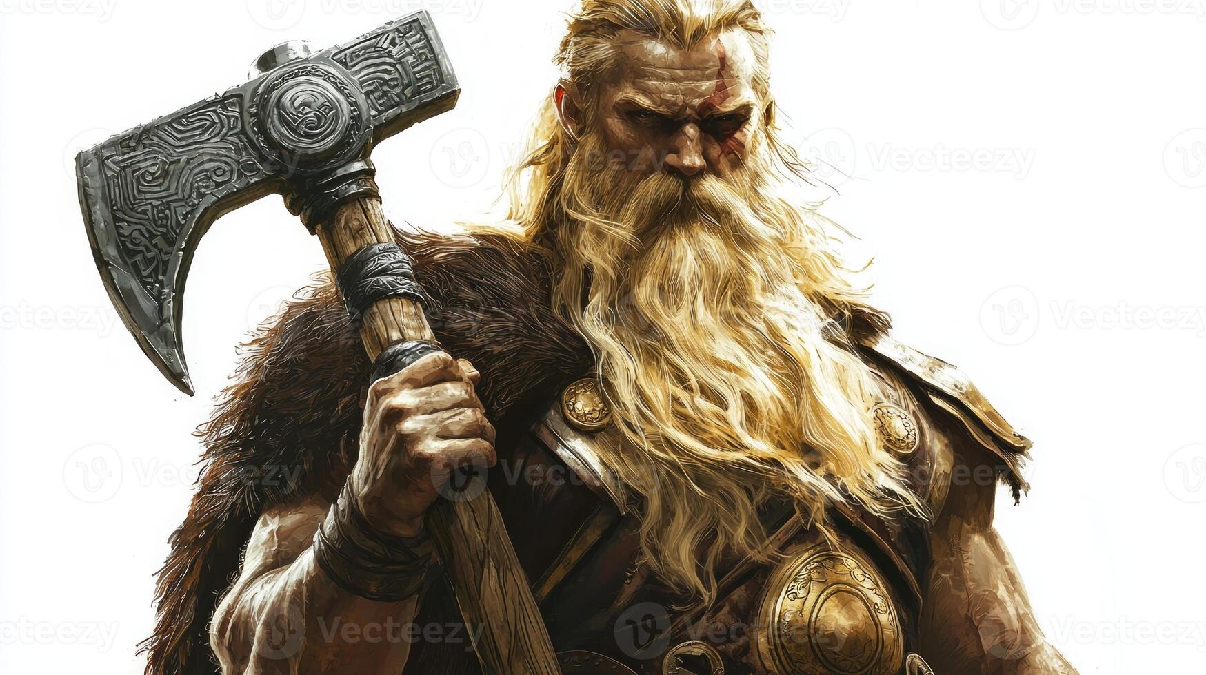 Tyr Scandinavian god of war and justice with a fierce expression. He wields a massive axe symbolizing his role as a protector and warrior among the gods. photo