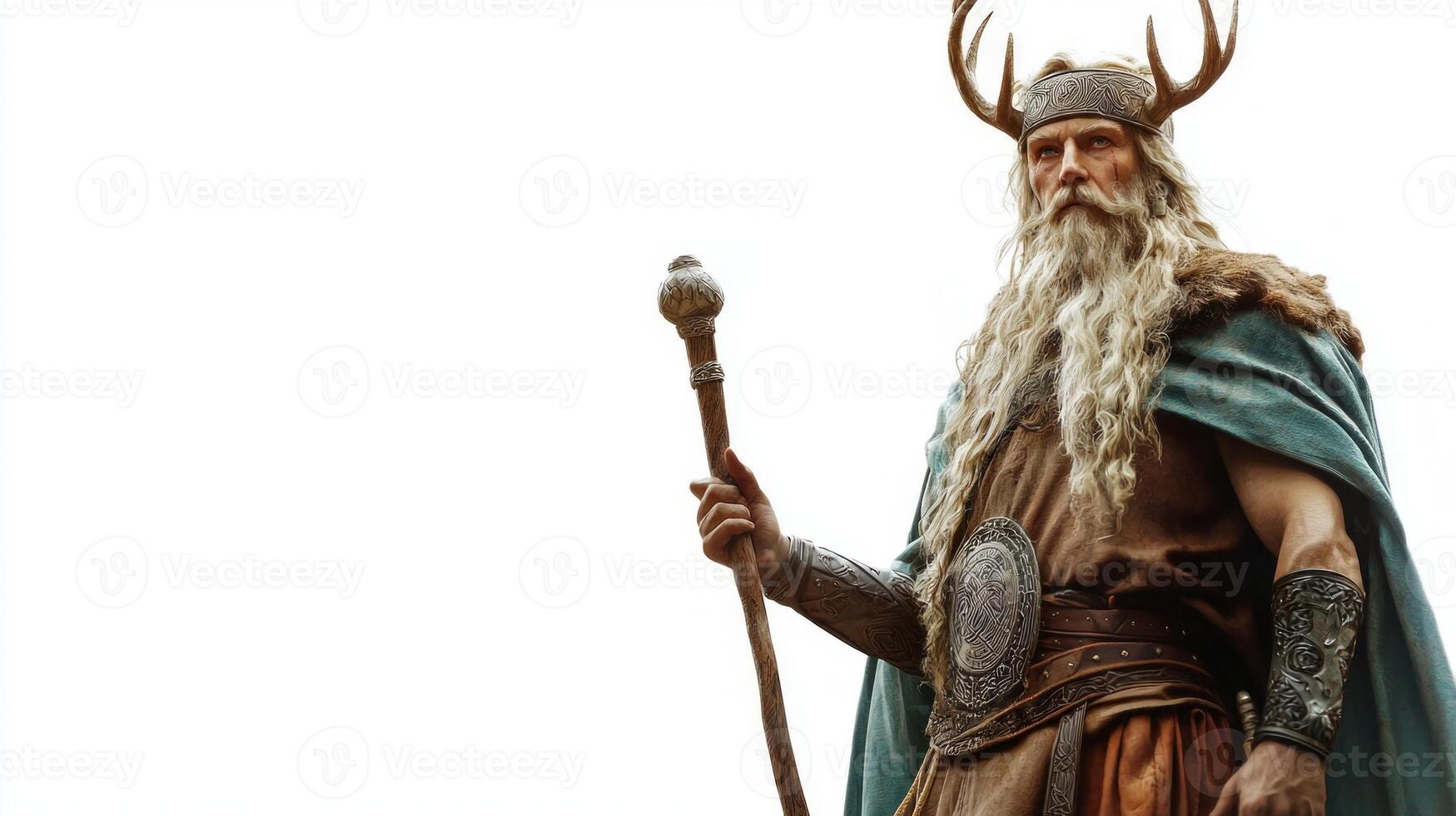 Ullr the Norse god associated with winter and hunting is depicted with antlers and a majestic staff. His presence conveys strength and wisdom amidst a minimalist backdrop. photo