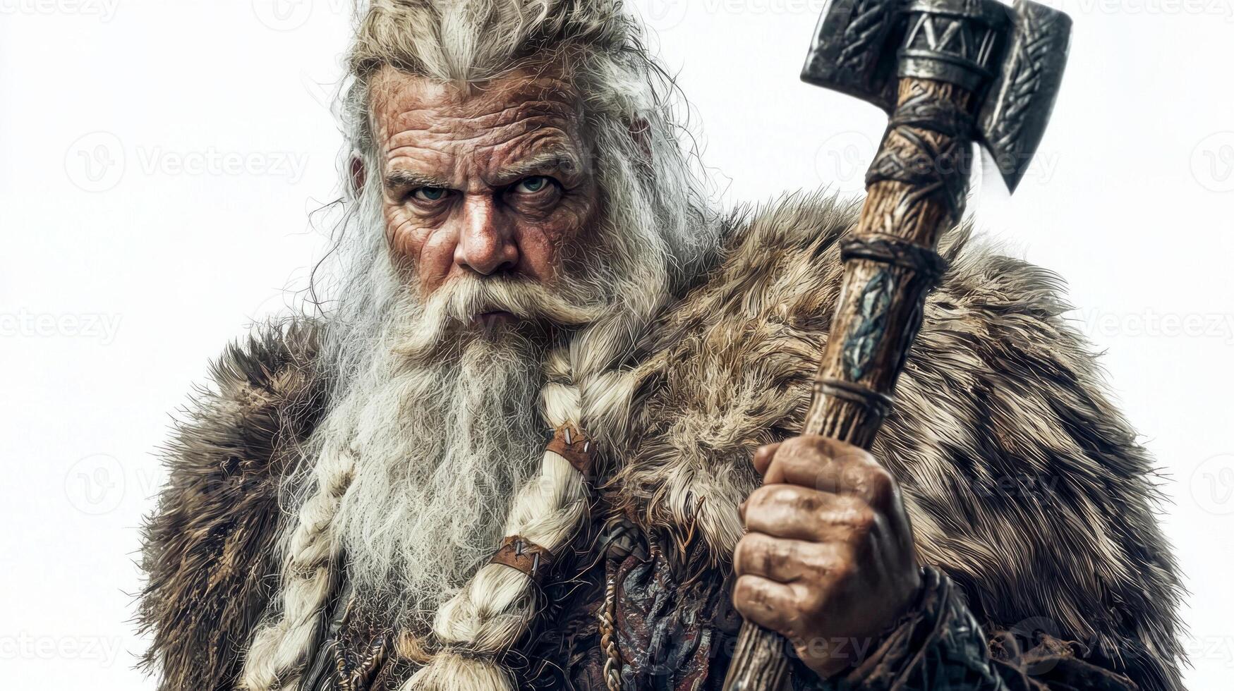 artwork features Ullr the Scandinavian god associated with archery and winter showcasing his fierce expression and traditional attire emphasizing strength and authority. photo