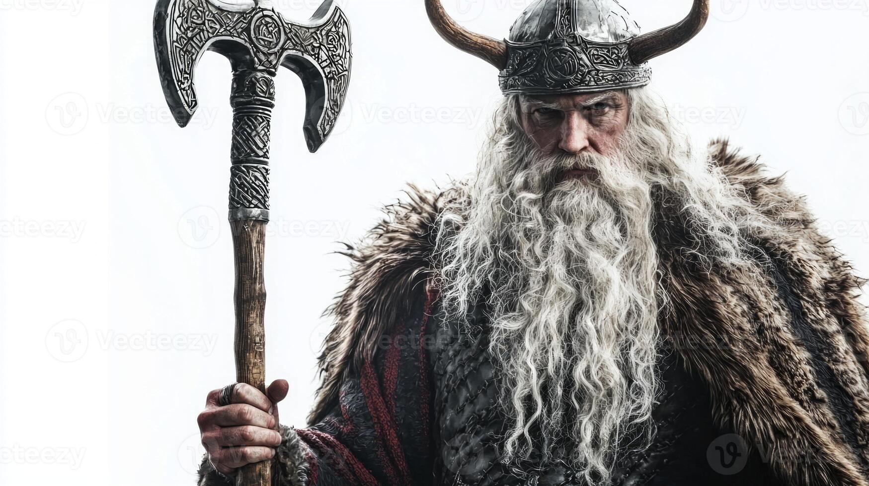 Ullr the god associated with winter sports and hunting stands confidently with his axe showcasing traditional Scandinavian attire photo