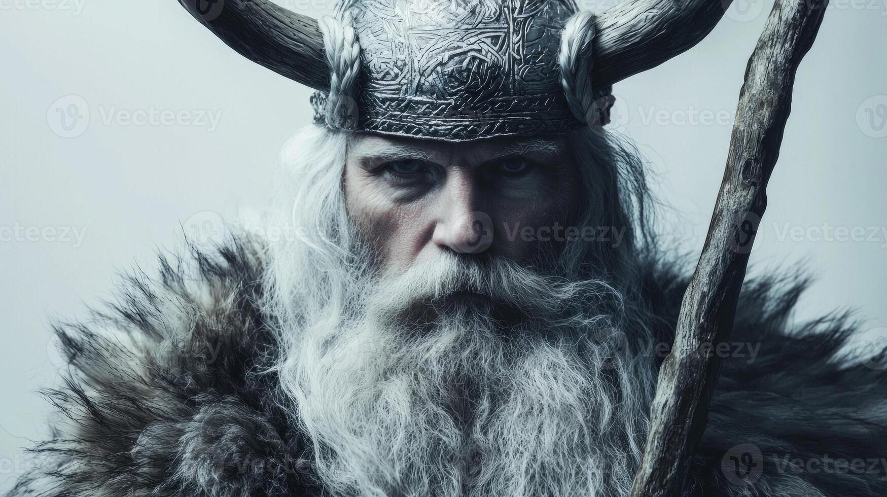 Ullr stands confidently with a long white beard and a horned helmet adorned in fur and wielding a wooden staff against a plain background. His expression reflects the power of the winter elements. photo