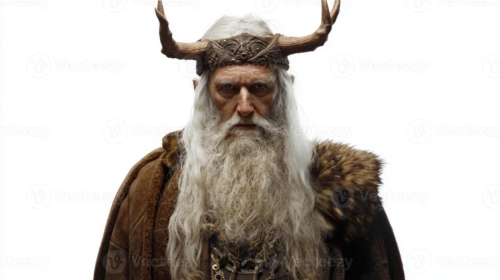 depiction showcases the Scandinavian god Ve characterized by his long beard antlered crown and striking traditional attire creating an imposing presence against a white backdrop. photo