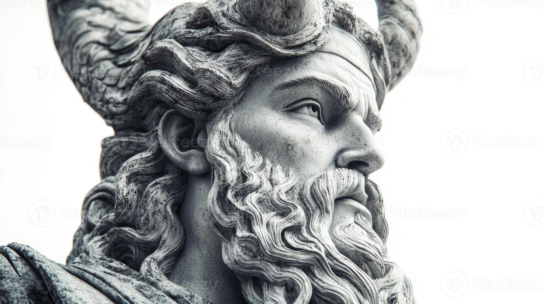 sculpture presents Ve a prominent Scandinavian god with intricate details highlighting his majestic horns and expressive facial features set against a plain white backdrop. photo