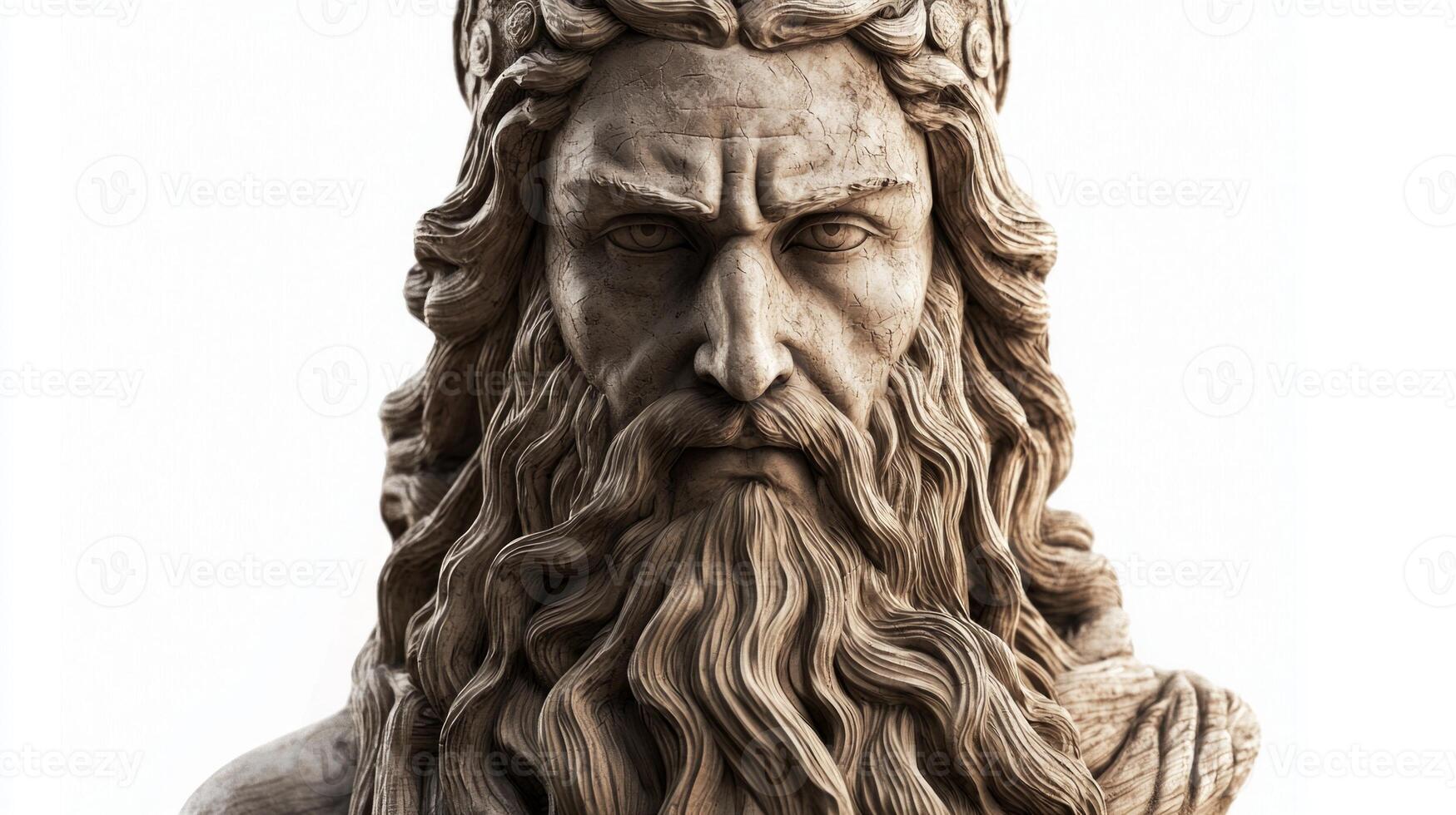 sculpture captures the essence of Ve showcasing his detailed facial features and majestic expression. The artwork highlights the rich texture of his long hair and beard. photo