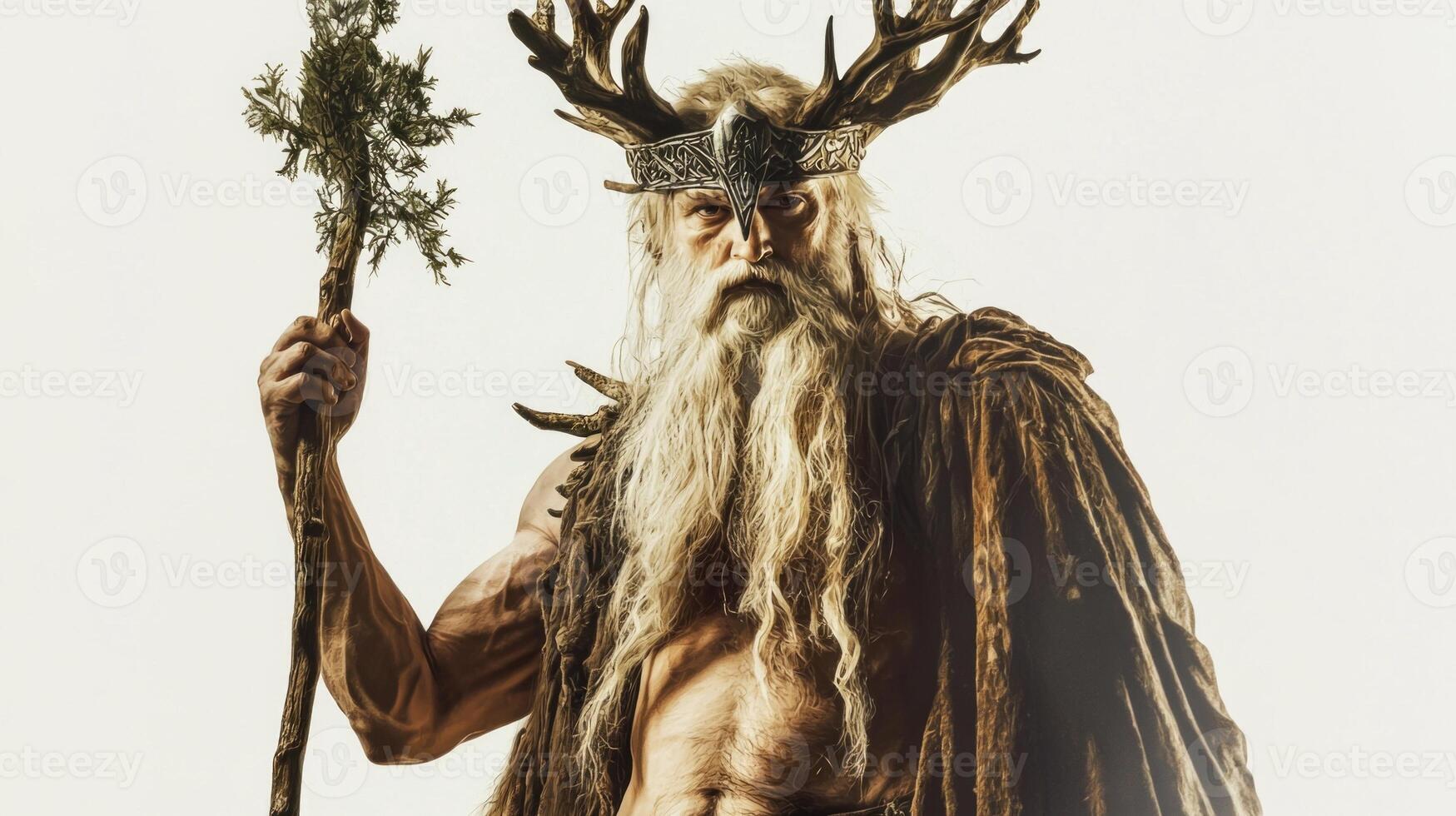 powerful figure of the Scandinavian god Ve highlighting his majestic antlers and staff symbolizing his divine attributes and strength. photo