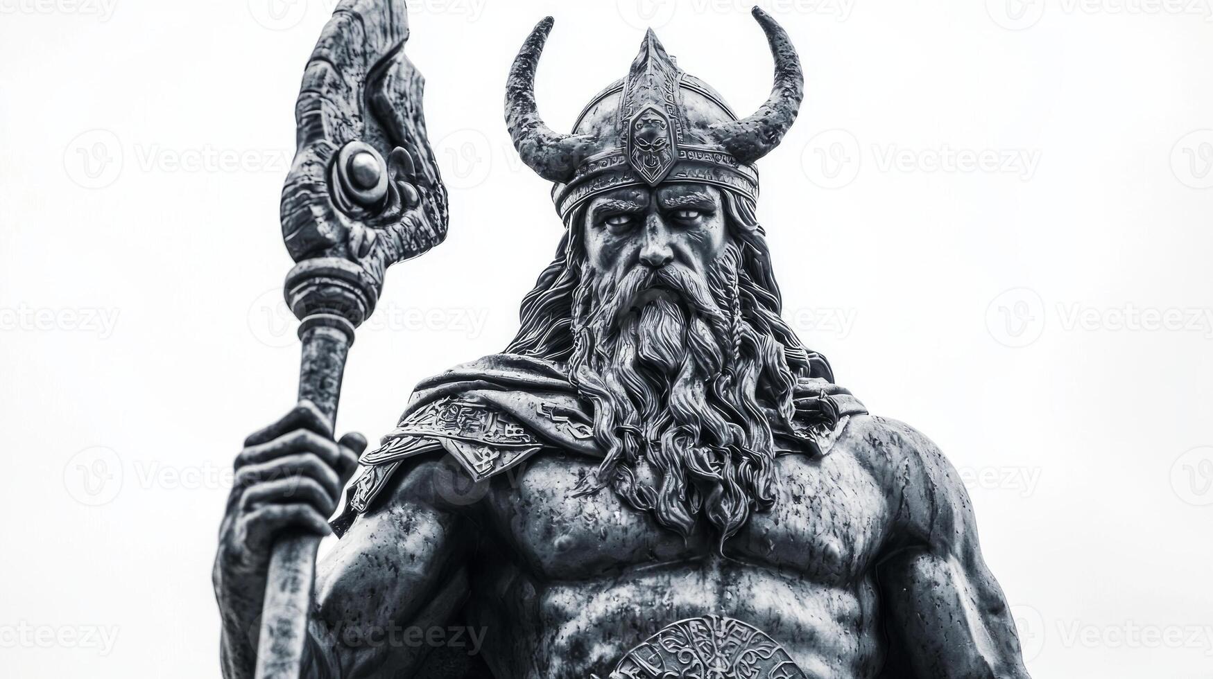 striking representation of Ve the Scandinavian god showcases his powerful presence. Clad in intricate armor he holds a majestic staff embodying strength and authority. photo