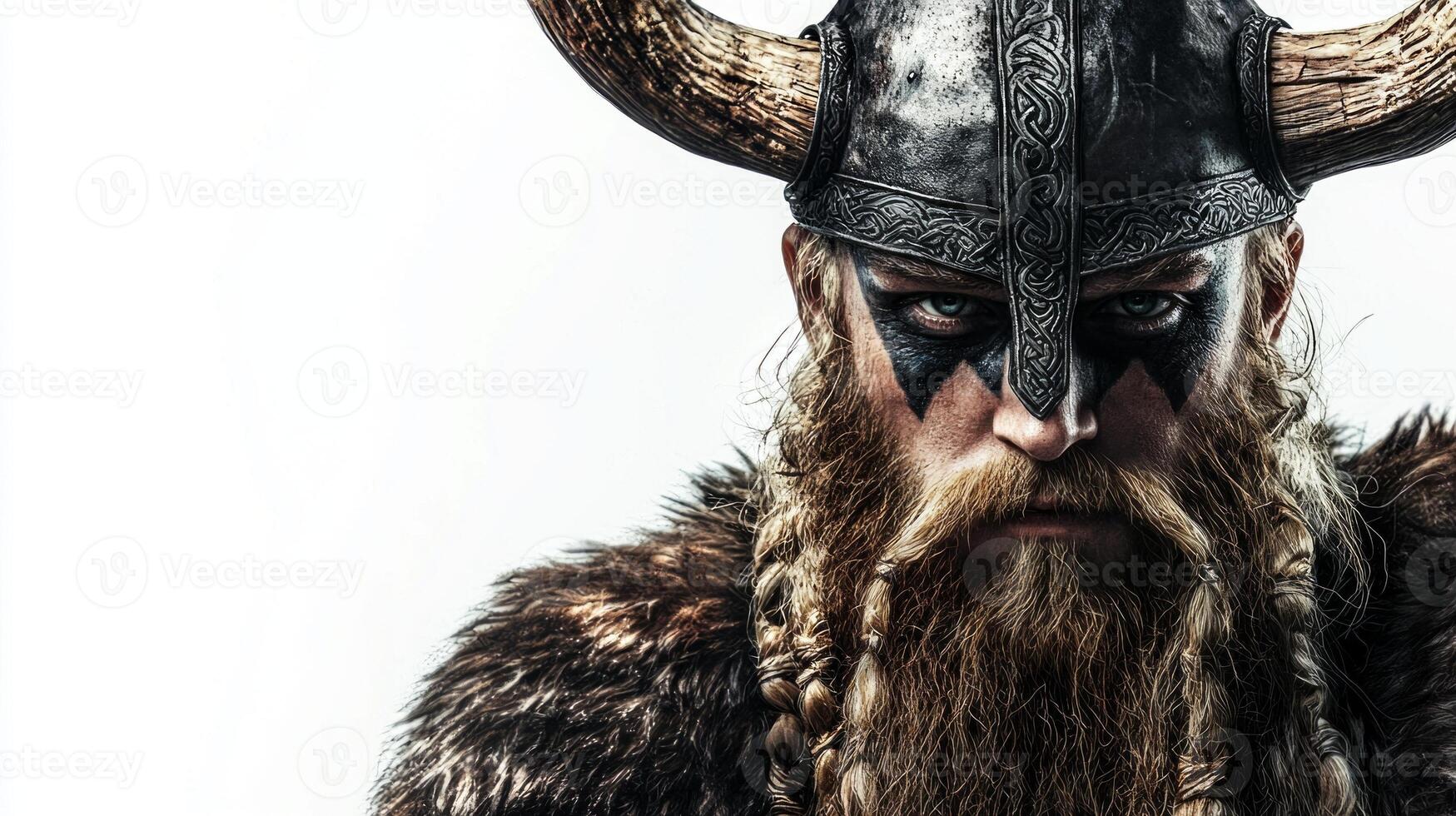The Scandinavian god Vidar stands fiercely clad in a detailed horned helmet and a fur garment displaying a powerful presence with a determined expression and striking face paint. photo