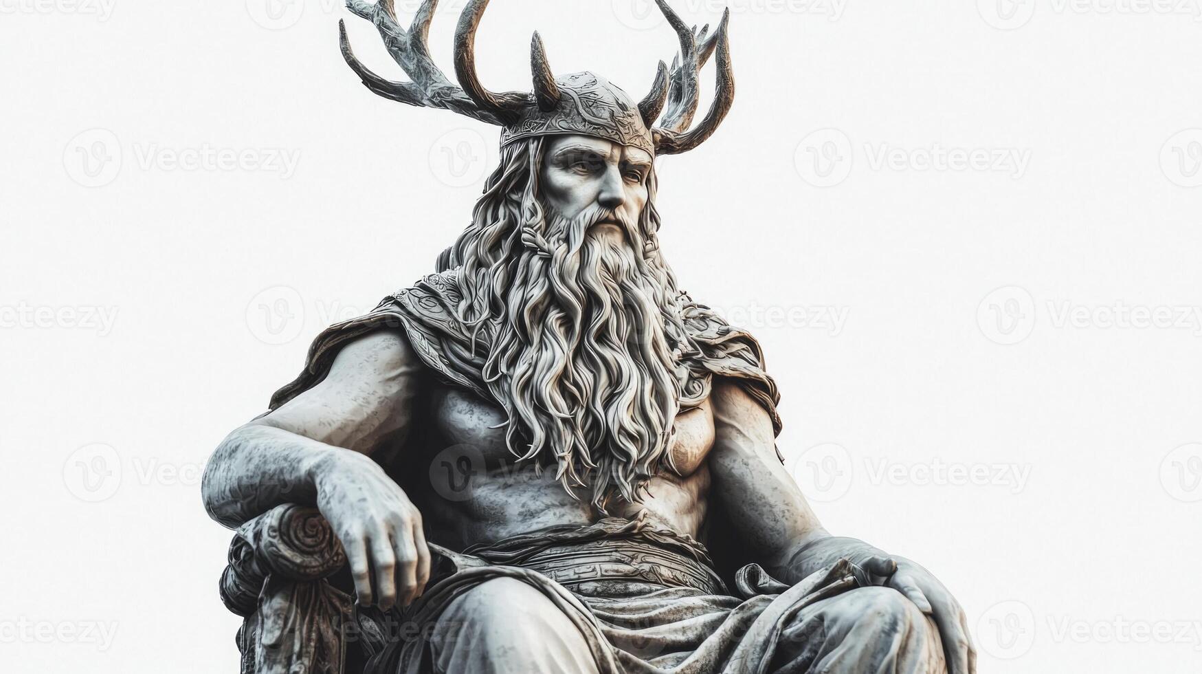A striking representation of Vili one of the Scandinavian gods featuring his imposing figure antlers and intricately detailed facial features in a serene setting. photo