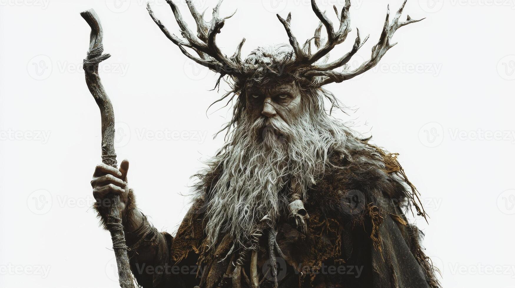Vili a significant figure in Scandinavian mythology is depicted with flowing hair majestic antlers and a staff showcasing his connection to nature and the divine. photo