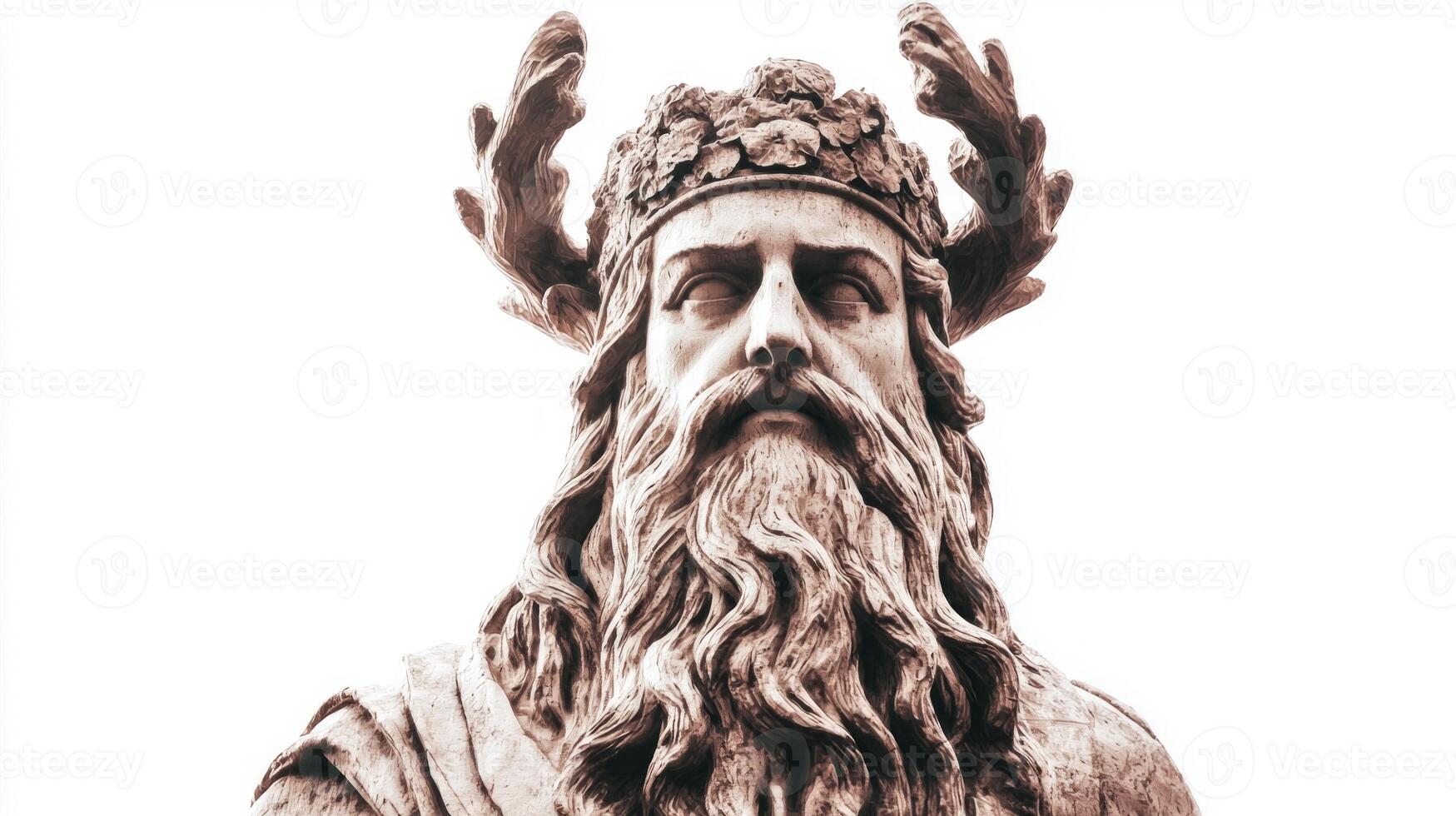 figure Vili a Scandinavian god stands confidently with antlers on his crown and a powerful expression embodying strength and heritage in a neutral setting. photo