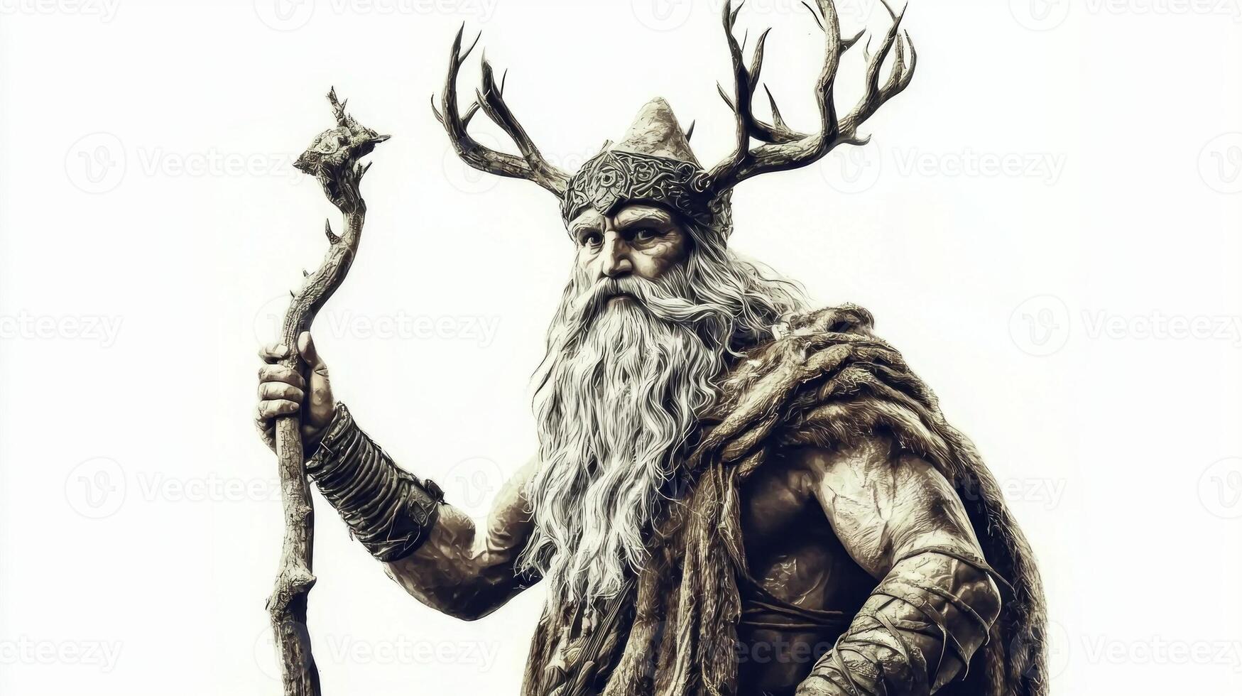 Vili a significant figure in Scandinavian mythology standing tall with a staff. His majestic antlers and beard symbolize wisdom and strength. photo