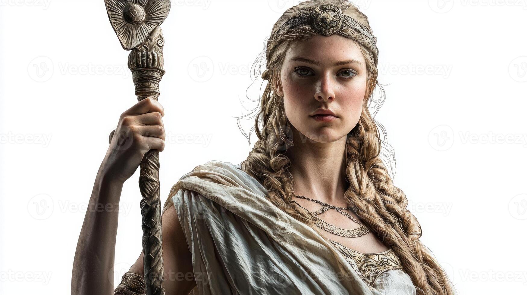 Freia Scandinavian goddess love and beauty stands elegantly with a staff showcasing her intricate attire and striking features against plain backdrop evoking mythology and strength. photo