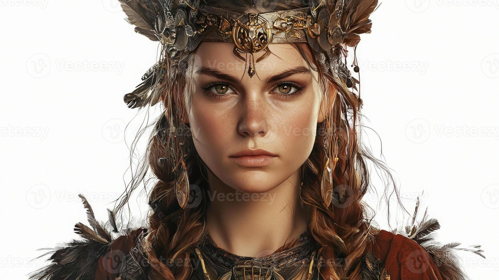 Freia the Scandinavian goddess of love and beauty is portrayed with striking realism. Her elaborate adornments and fierce expression convey her powerful presence in mythology. photo