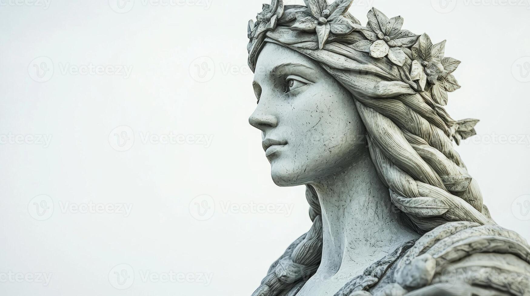 depiction captures Freia the Scandinavian goddess of love and fertility showcasing her intricate floral details and serene expression emphasizing her ethereal beauty. photo