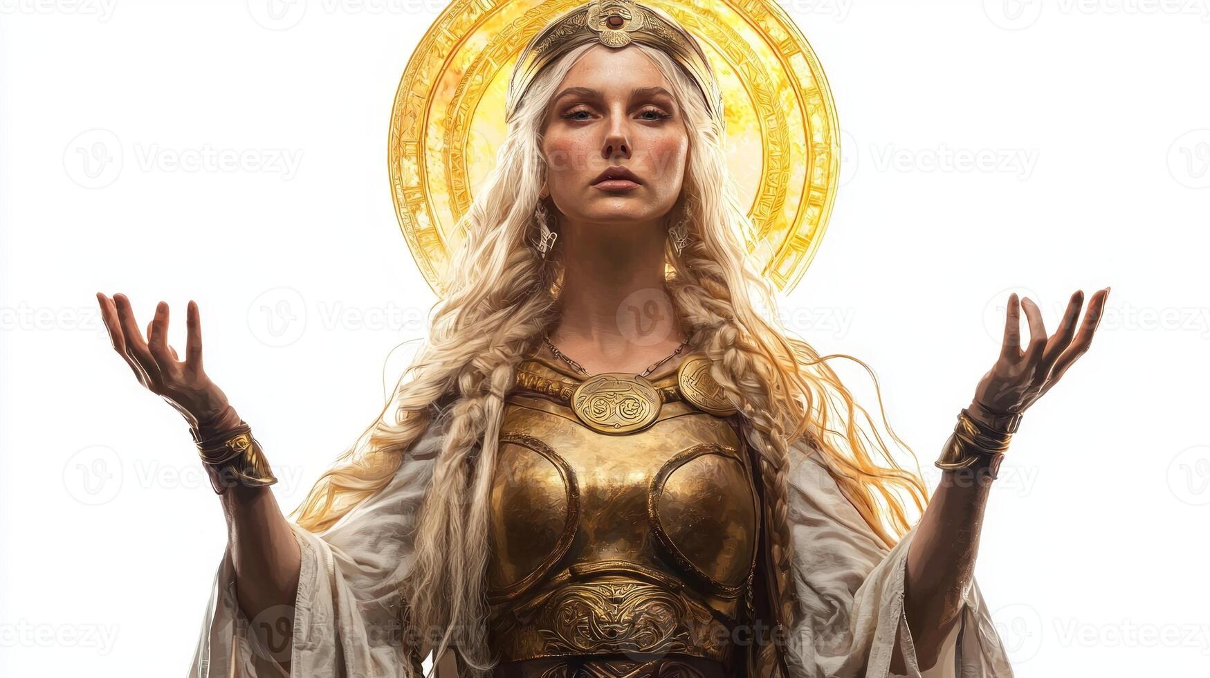 Freia revered Scandinavian goddess is depicted with flowing hair and adorned in golden armor exuding an aura of power and grace inviting admiration and reverence. photo