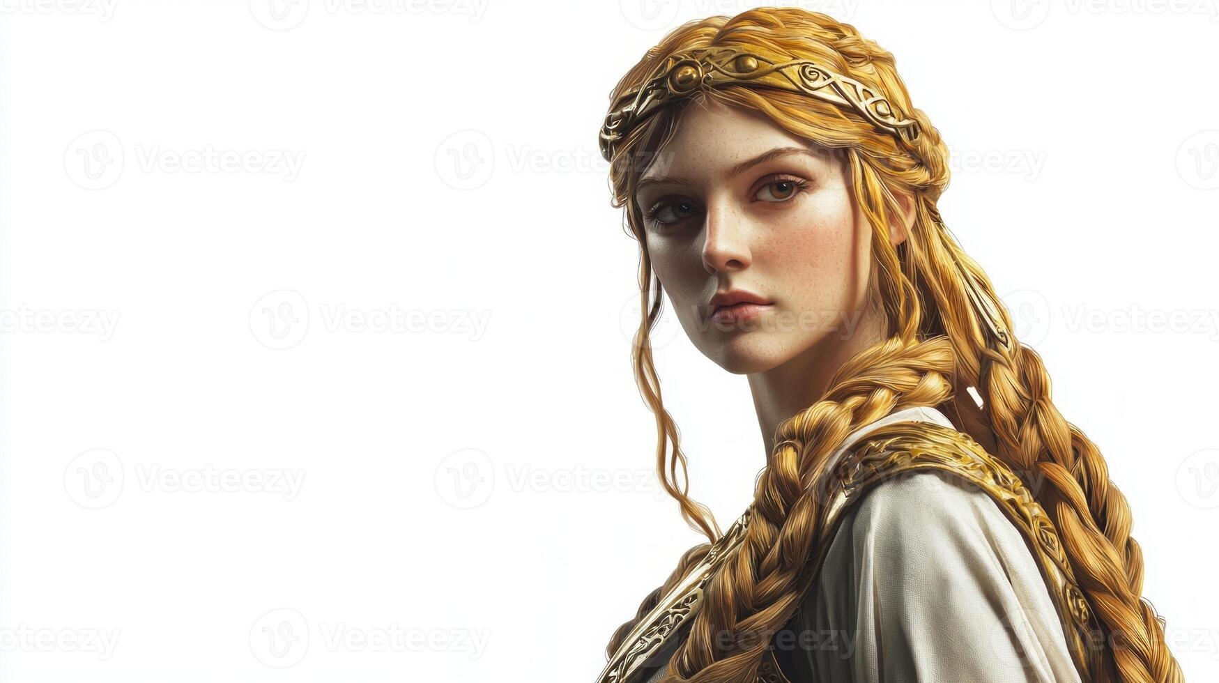 Freia goddess of love and fertility in Scandinavian mythology depicted with flowing hair and intricate attire emphasizing her elegance and strength in a serene setting. photo