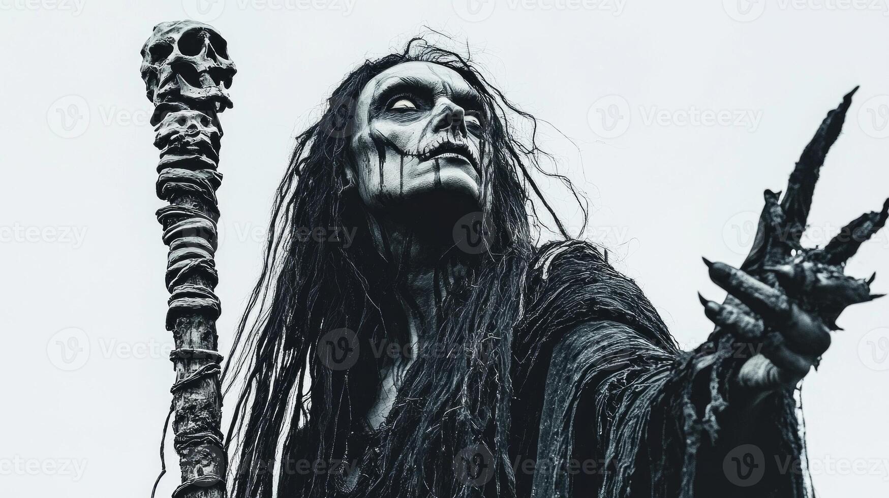 Hel the Scandinavian goddess stands tall in dark robes gripping a staff made of bones. Her haunting presence creates a striking contrast against the white background. photo