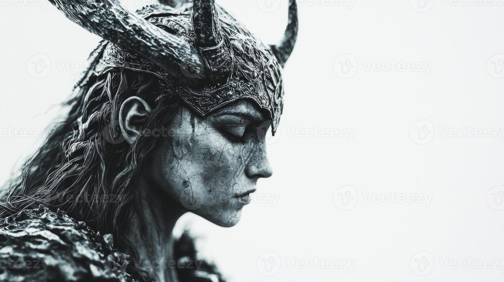 realistic depiction of the Scandinavian goddess Hel showcases her fierce expression and elaborate headdress highlighting the mythological essence of her character. photo