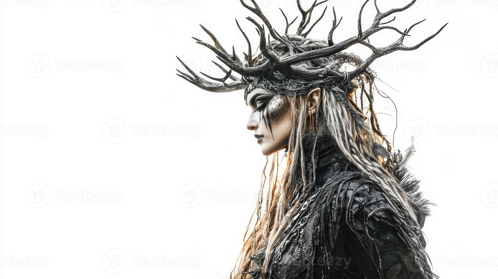 portrayal features the goddess Hel from Scandinavian mythology showcasing her ominous appearance with elaborate antlers and dark attire emanating a mystical aura. photo
