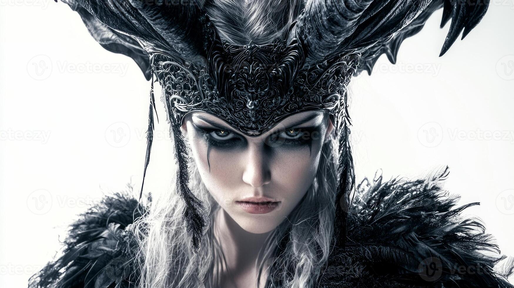 striking representation Scandinavian goddess Hel showcasing her detailed horned headdress and dark attire set against a clean white backdrop emphasizing her fierce presence. photo