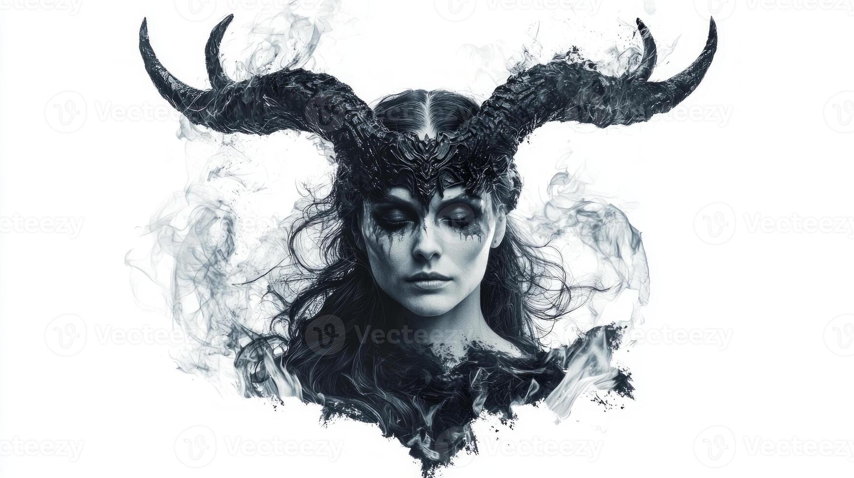 Hel the Scandinavian goddess associated with the underworld featuring her detailed horned crown and ethereal expression embodying a powerful aura. photo