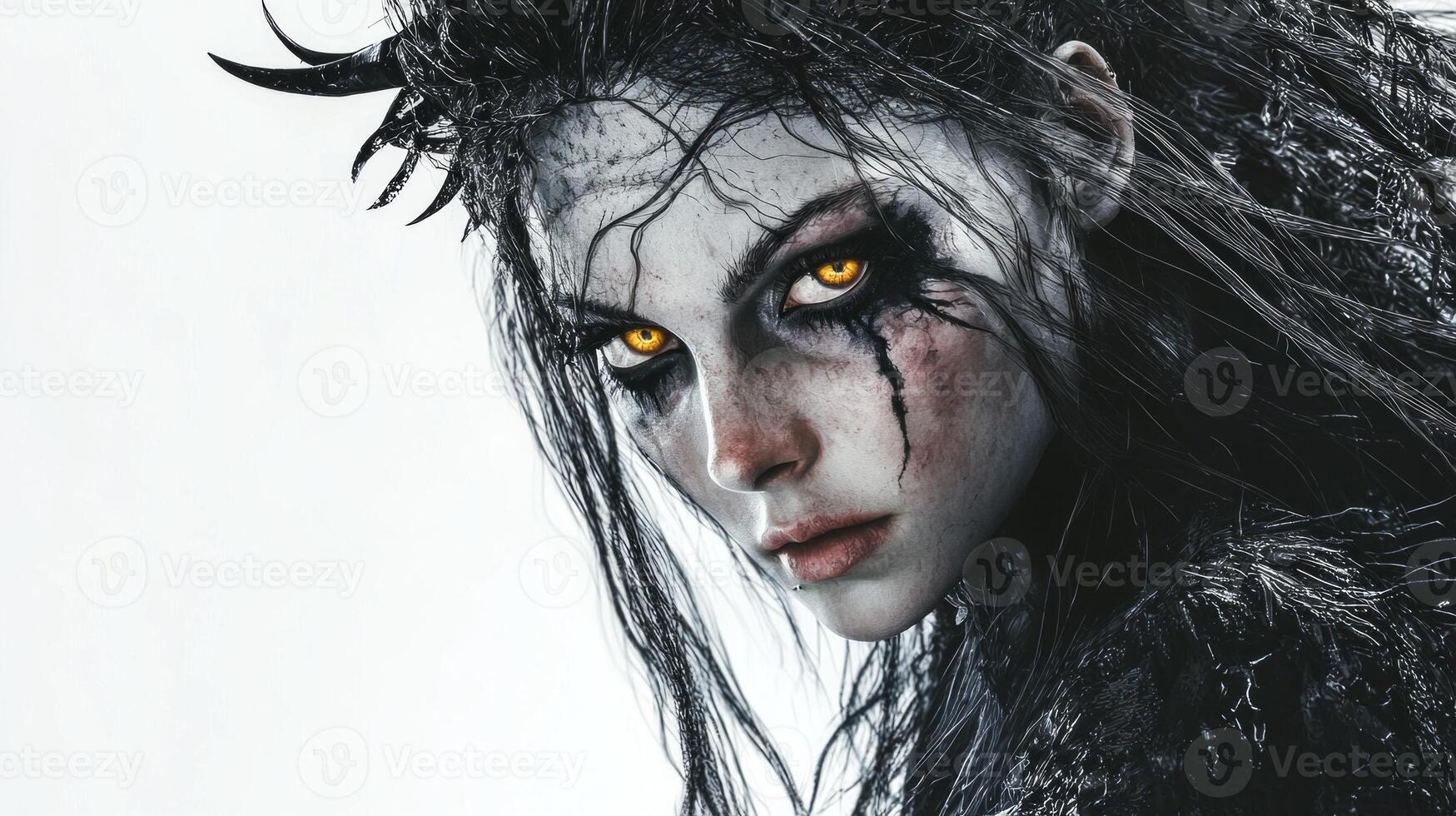 Scandinavian goddess Hel showcases her fierce expression with distinct dark elements and bright yellow eyes embodying her formidable nature. photo