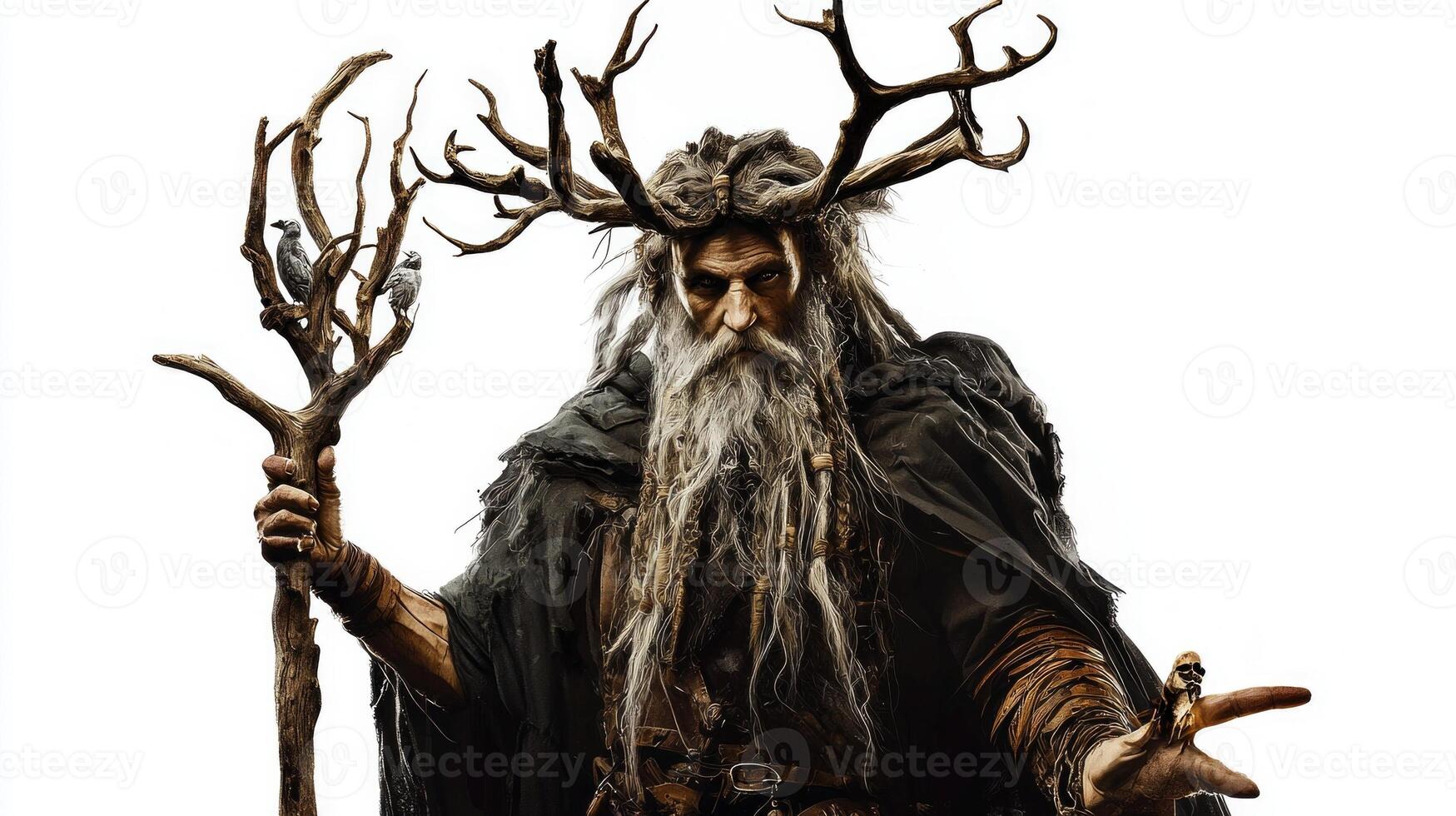 Chernobog the Slavic god of darkness is depicted with imposing antlers and a flowing beard embodying ancient lore in a hauntingly realistic manner. photo