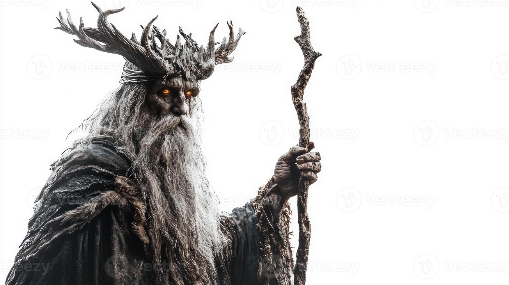 The Slavic god Chernobog stands tall with a majestic appearance wearing dark intricate robes. His haunting eyes and antlered crown create a powerful sense of dark mythology. photo