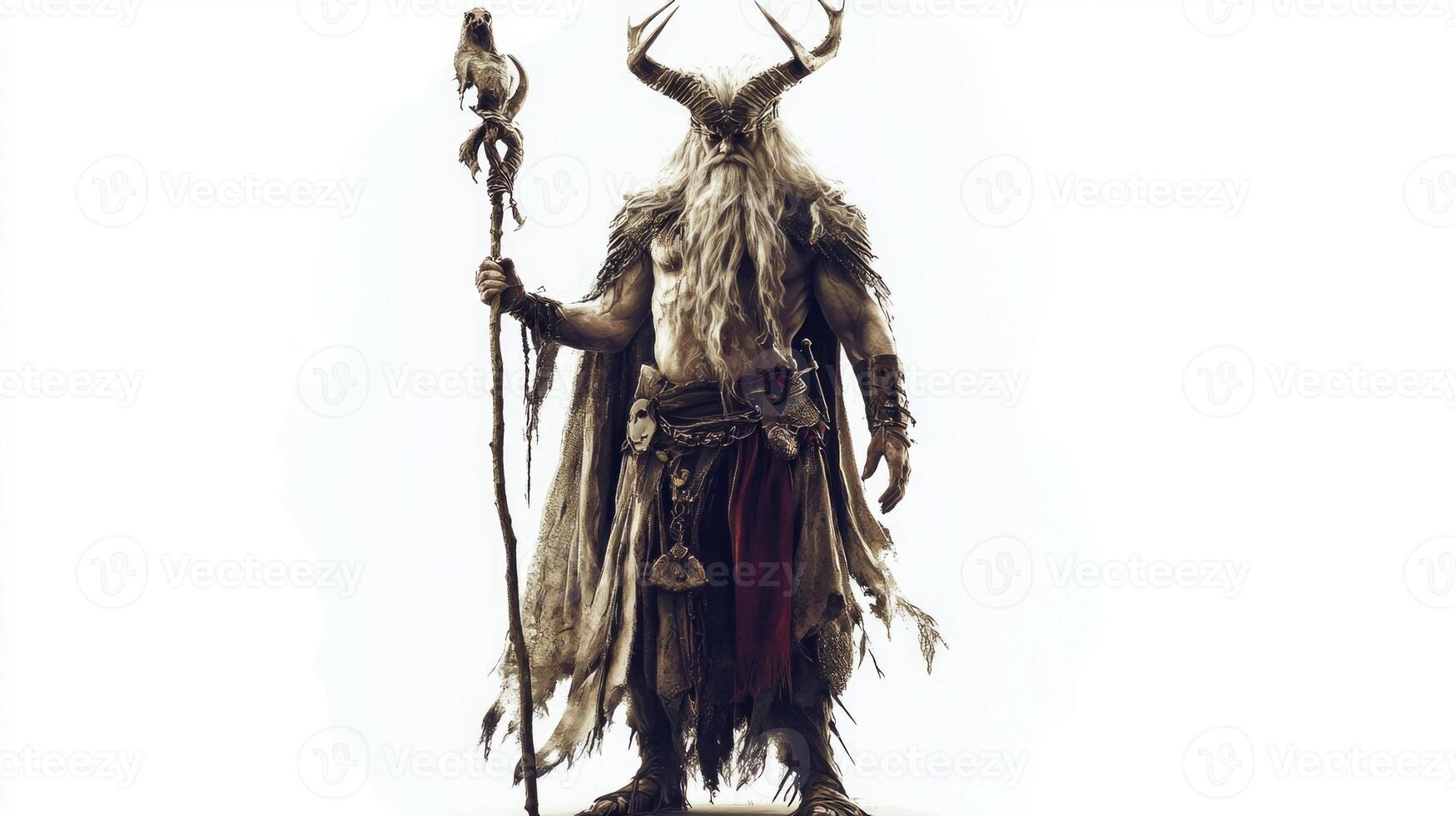 Chernobog the Slavic god of darkness stands prominently with a staff and an owl adorned in detailed rustic attire set against a stark white background. photo
