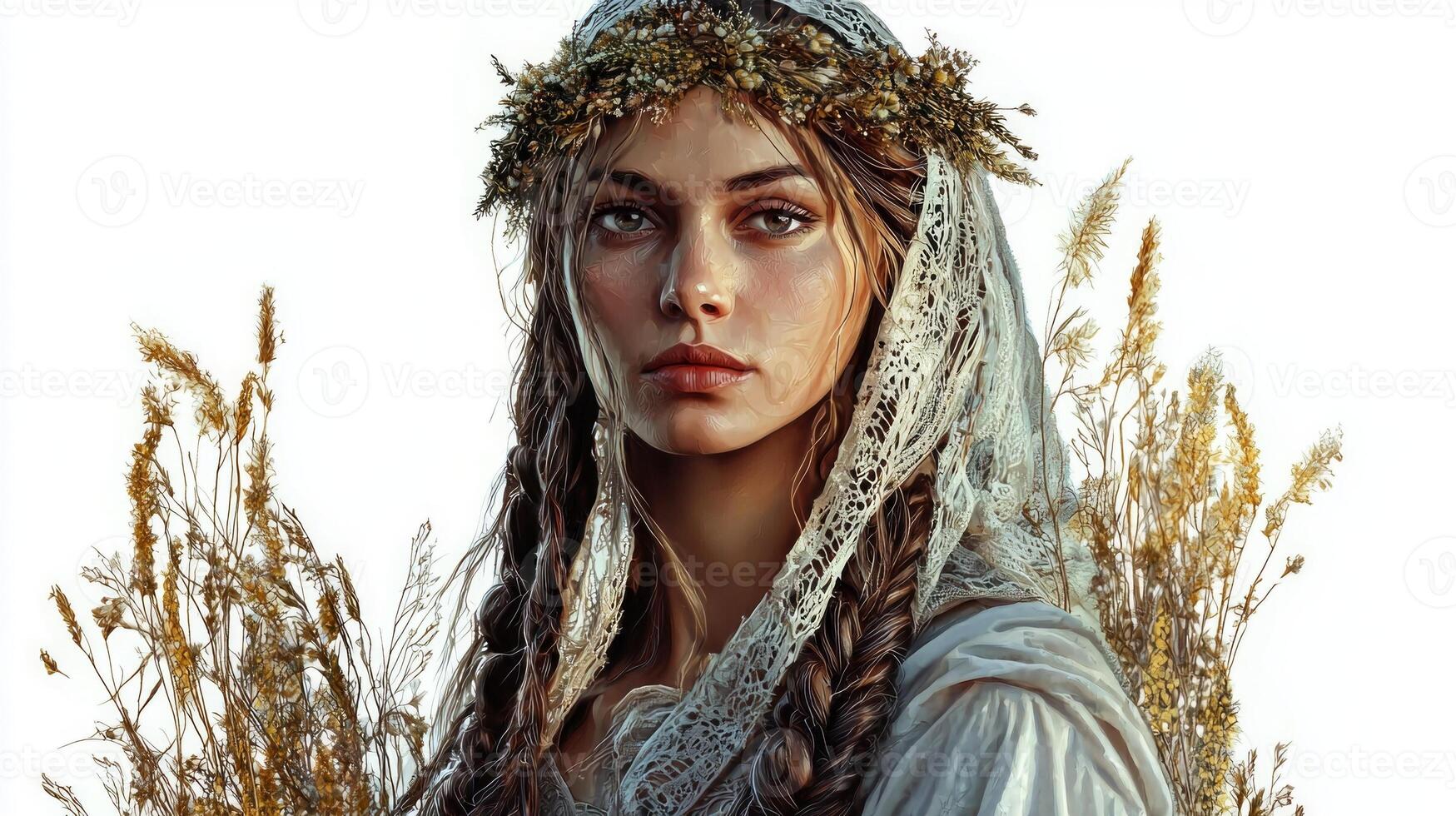 artwork features Mara a Slavic goddess with intricate braids and a floral crown. She embodies natures beauty and divine inspiration set against a minimalist background. photo