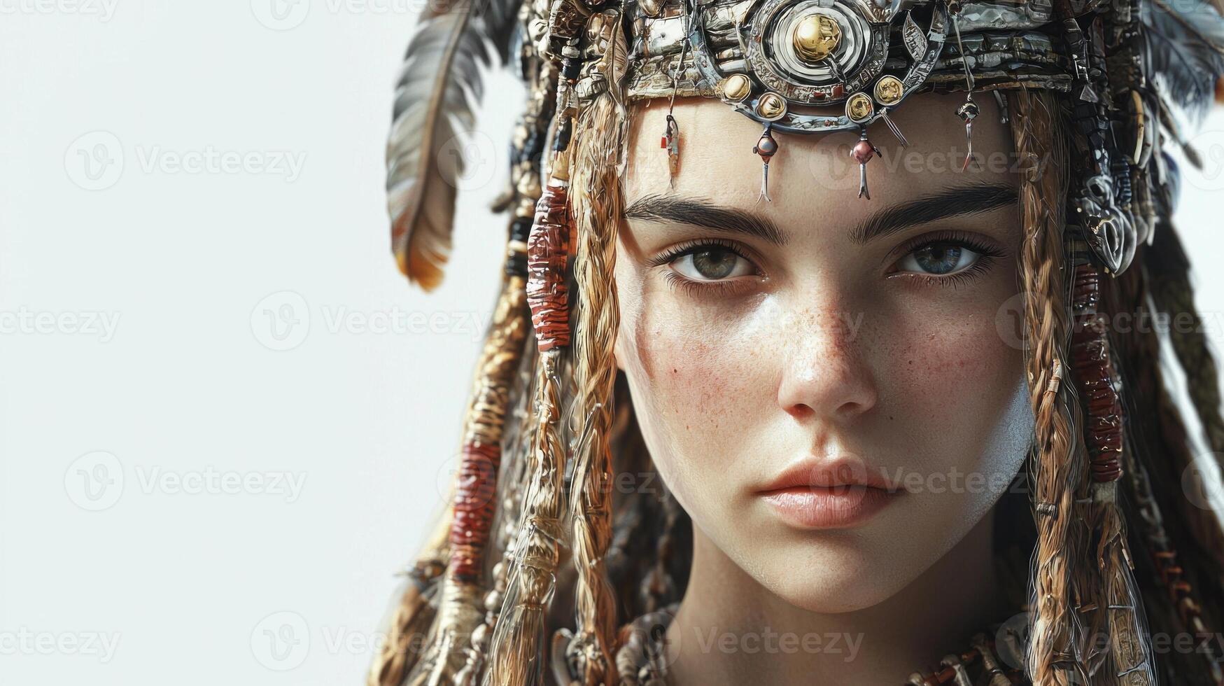 essence of the Slavic goddess Mara showcasing meticulous details in her adornments and captivating expression against a clean white backdrop. photo