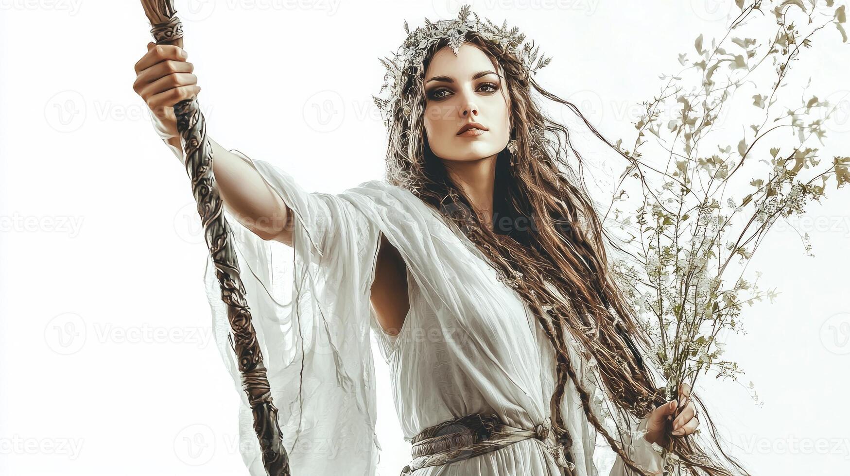 Slavic goddess Mara stands tall embodying natures spirit with flowing hair and a delicate gown. She carries a staff and branches symbolizing her deep connection to the earth. photo
