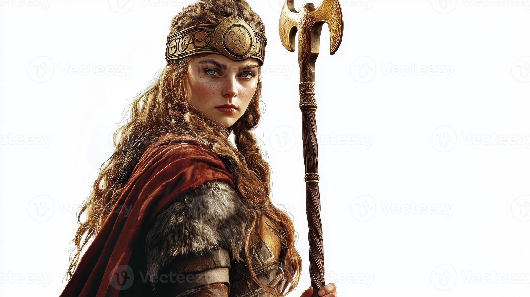 Frigg powerful goddess of Scandinavian mythology stands confidently holding axe and staff showcasing her warrior spirit and strength in a striking lifelike representation. photo