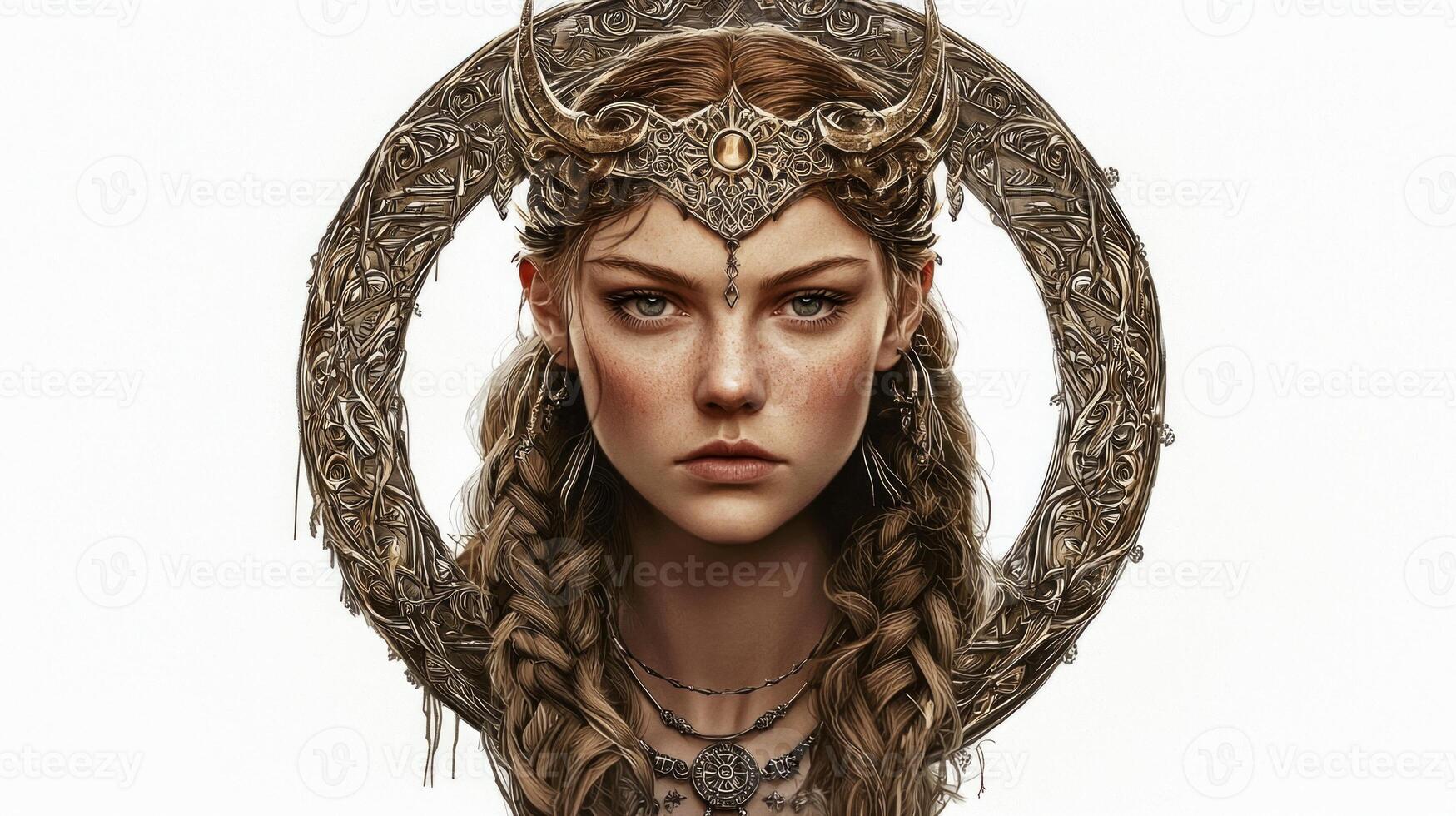 artwork captures Frigg the goddess of love and fertility showcasing her elaborate headdress and braided hair. The details highlight her strength and grace. photo