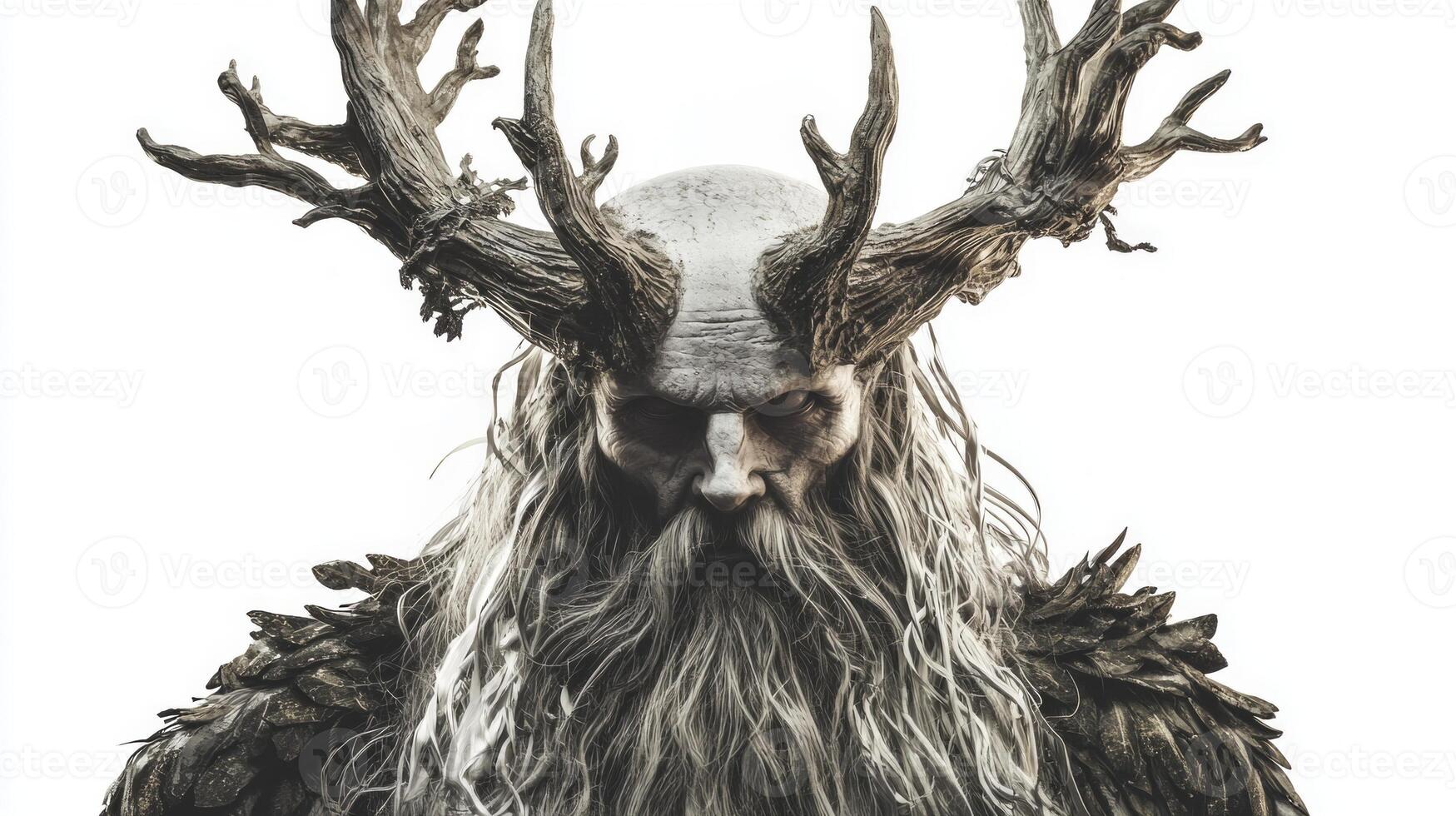 depiction showcases Hel the Norse god characterized by his elaborate antlered headpiece flowing hair and dark attire capturing the essence of Scandinavian mythology. photo