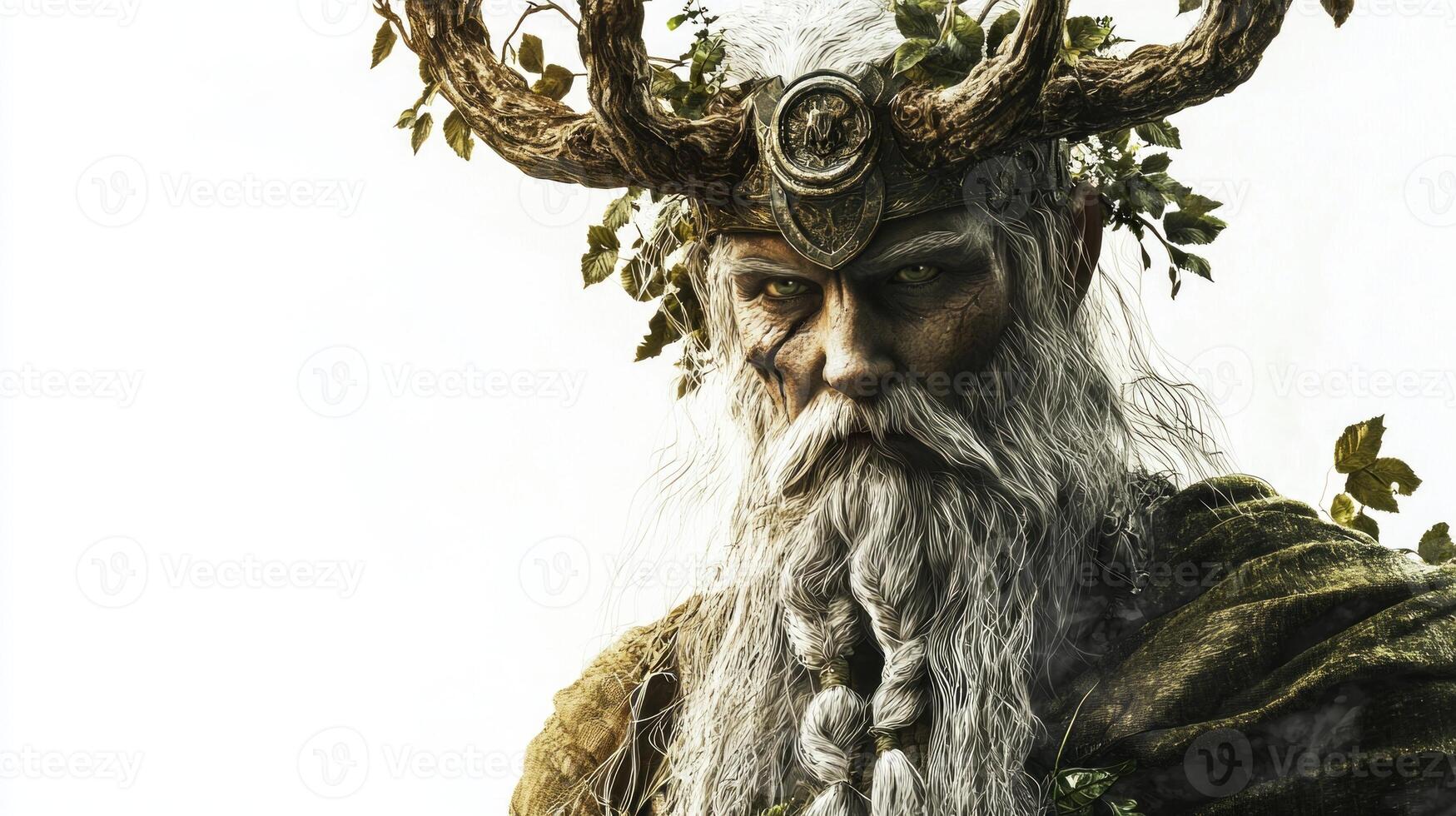 striking representation of the Scandinavian god Hel featuring impressive antlers and a majestic beard surrounded by foliage all depicted on a clean white backdrop. photo