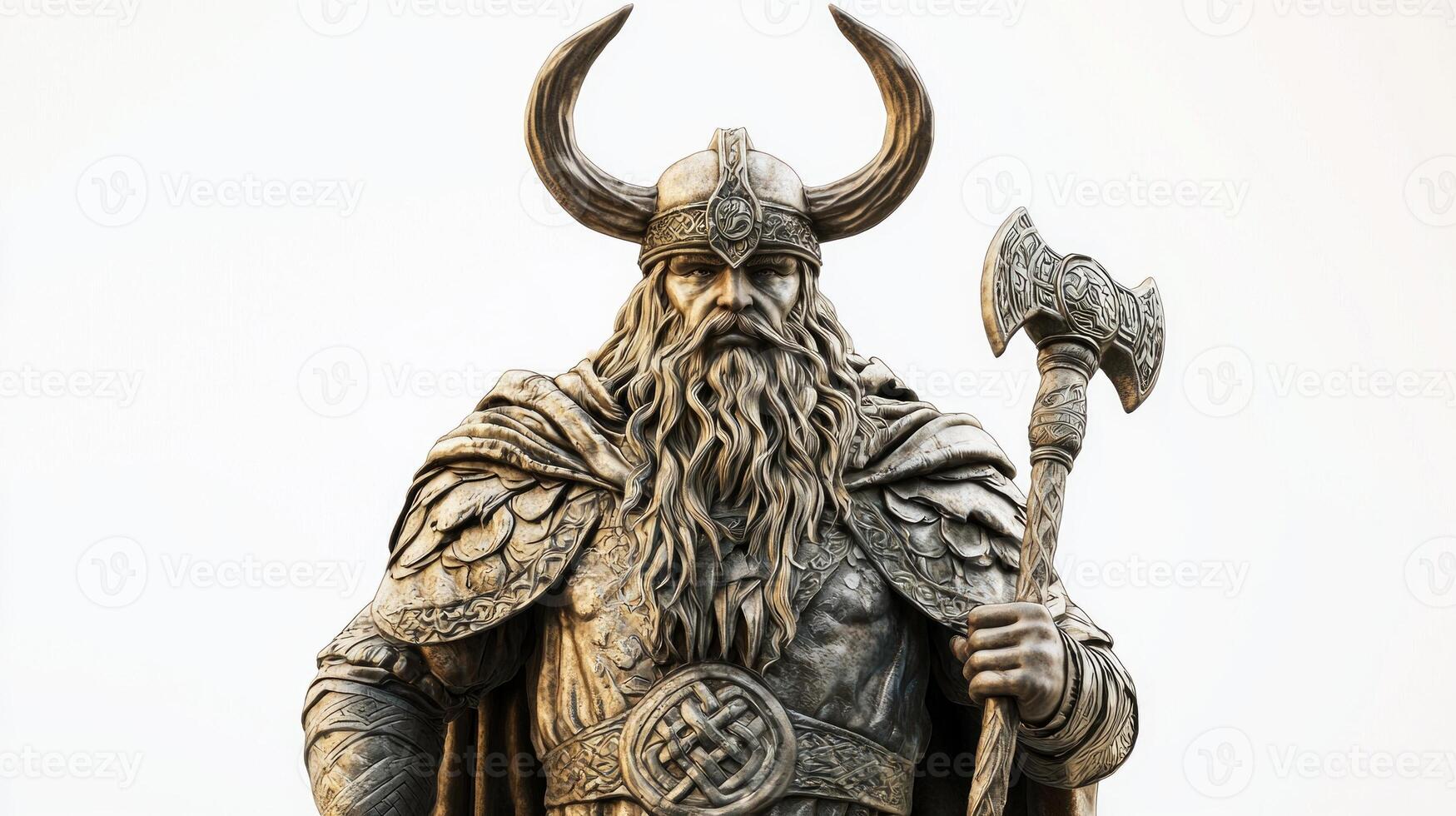 Scandinavian god Hodr stands majestically with his sturdy axe embodying winters power and mystery isolated against a pure white backdrop highlighting his fierce presence. photo