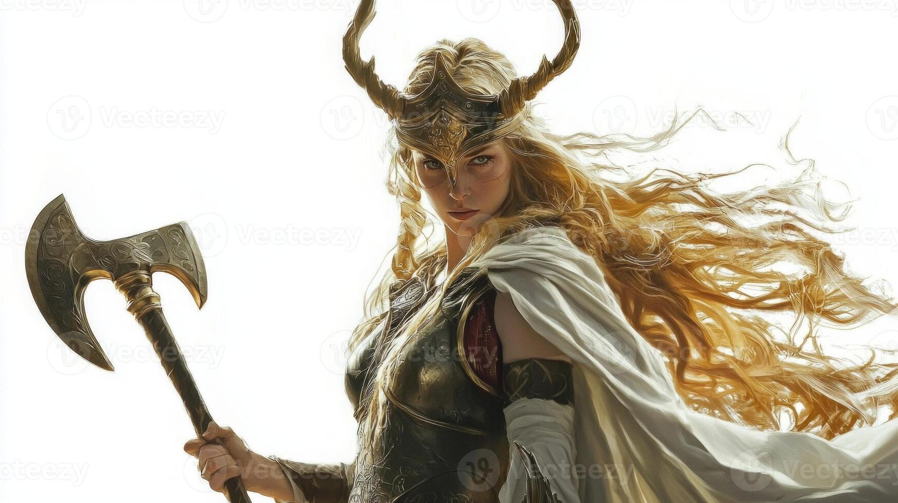 powerful portrayal Idunn the goddess of youth in Scandinavian mythology showcasing her flowing hair and majestic presence with an axe symbolizing bravery and vitality. photo