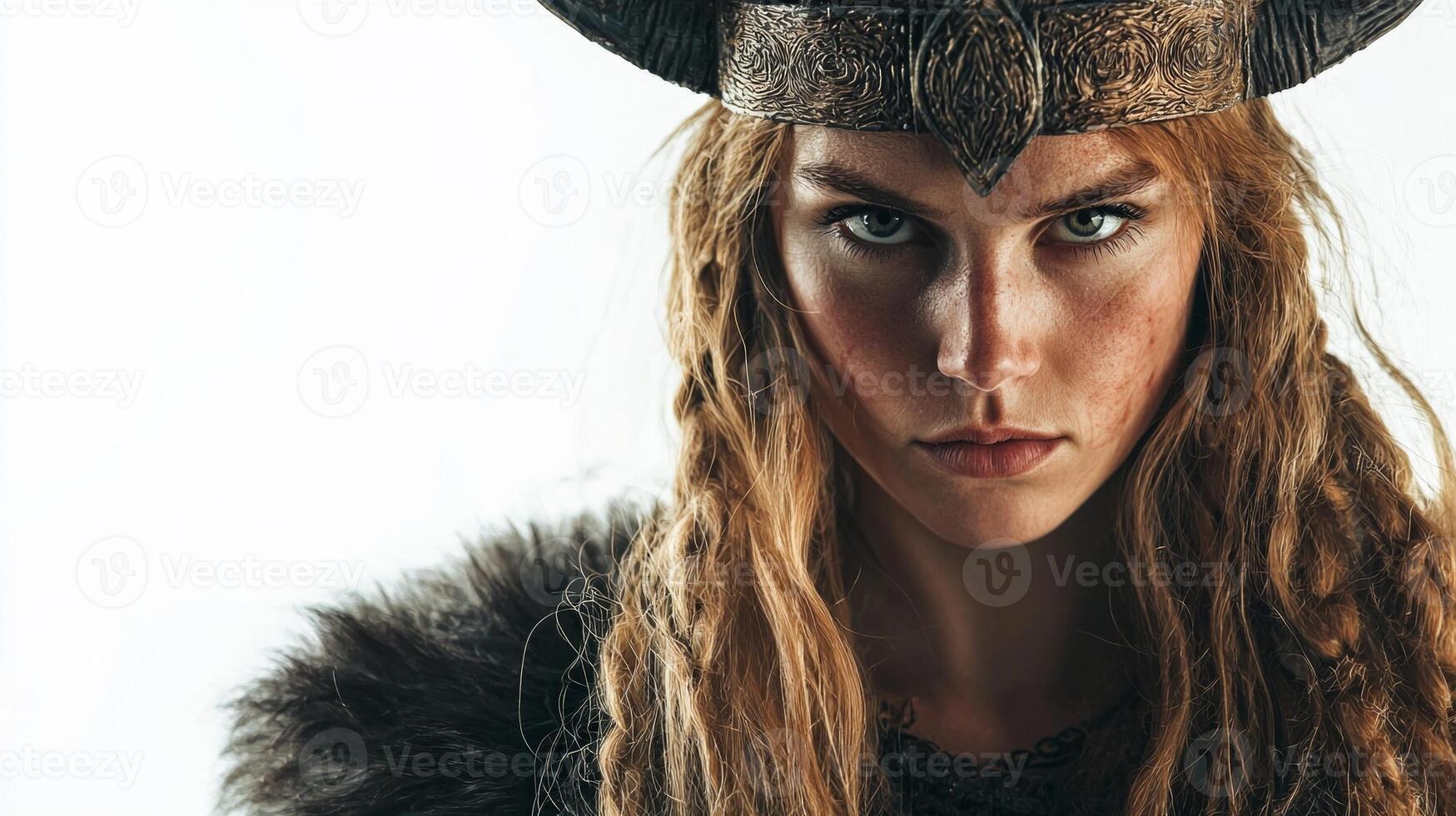 Idunn Scandinavian goddess known for her beauty and vitality stands prominently with fierce expression adorned in horned crown and traditional attire emphasizing her divine heritage. photo