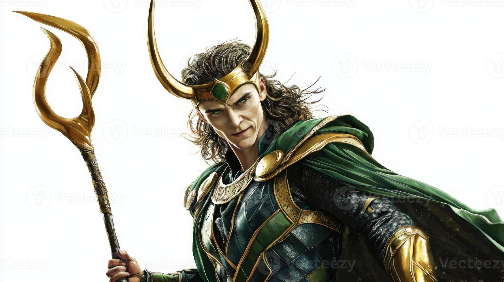 artwork features Loki the Scandinavian god of mischief showcasing his distinctive horns and intricate armor while holding a scepter emphasizing his mythical essence. photo
