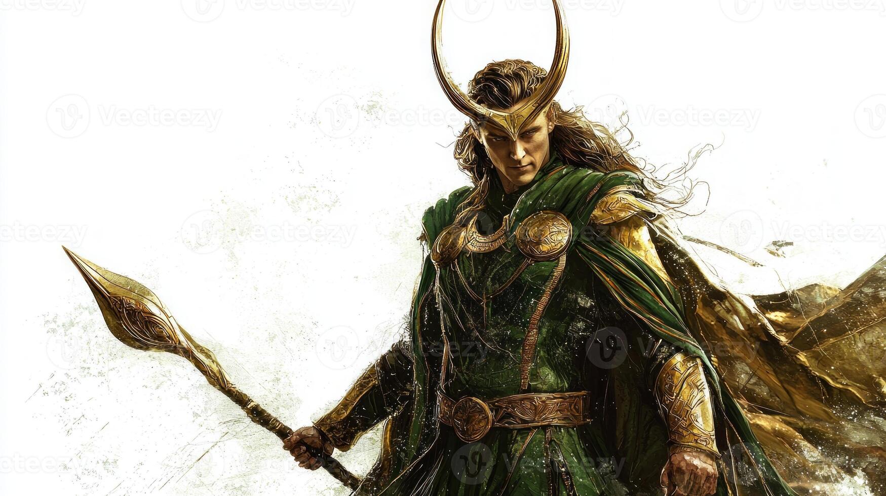 striking portrayal of Loki the Scandinavian god showcasing his fierce demeanor and intricate attire. He stands confidently with a spear embodying his legendary trickster persona. photo
